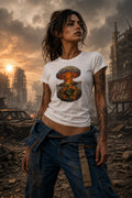 Person in a This Is Fine skeleton tee standing in a ruined post‑apocalyptic street with smoke, debris and an orange sky