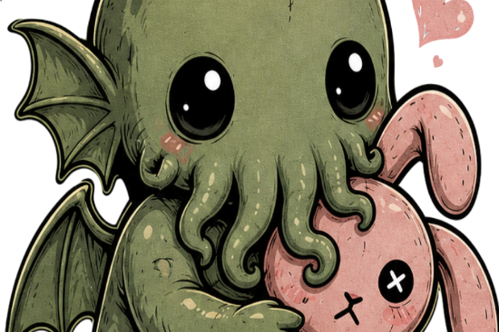 A cute chibi Cthulhu‑like creature hugs a pink bunny plush, blending horror and charm in a dark‑cute style.