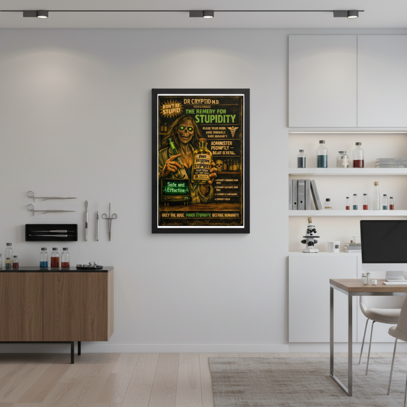 Dr Cryptid’s Remedy for Stupidity Framed Poster | Dark Fantasy Wall Art | Dark Mythic Print