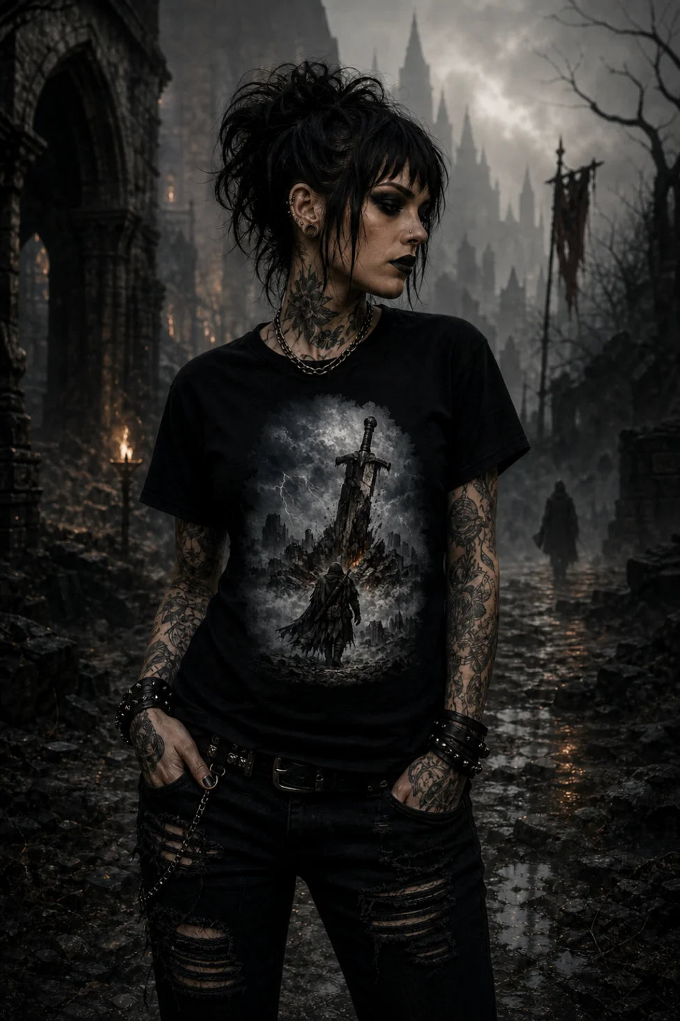 Tattooed person in ripped black jeans and a sword‑art tee standing in misty gothic ruins with spires rising behind them