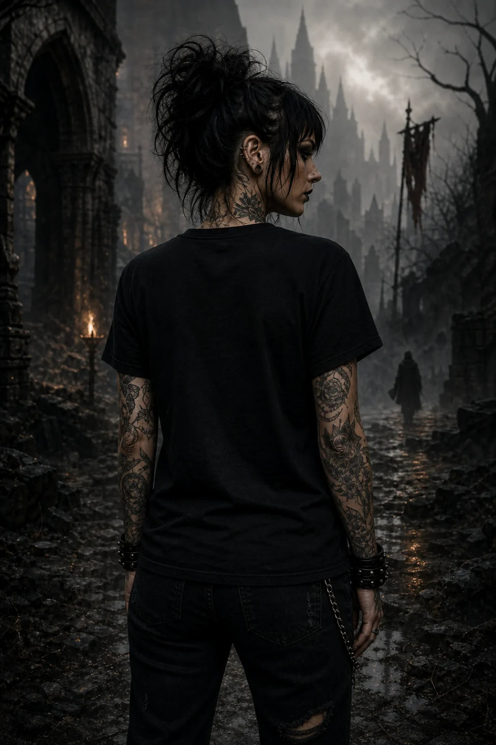 Tattooed person in black clothes standing on a wet cobblestone path amid misty gothic ruins and distant cloaked figure