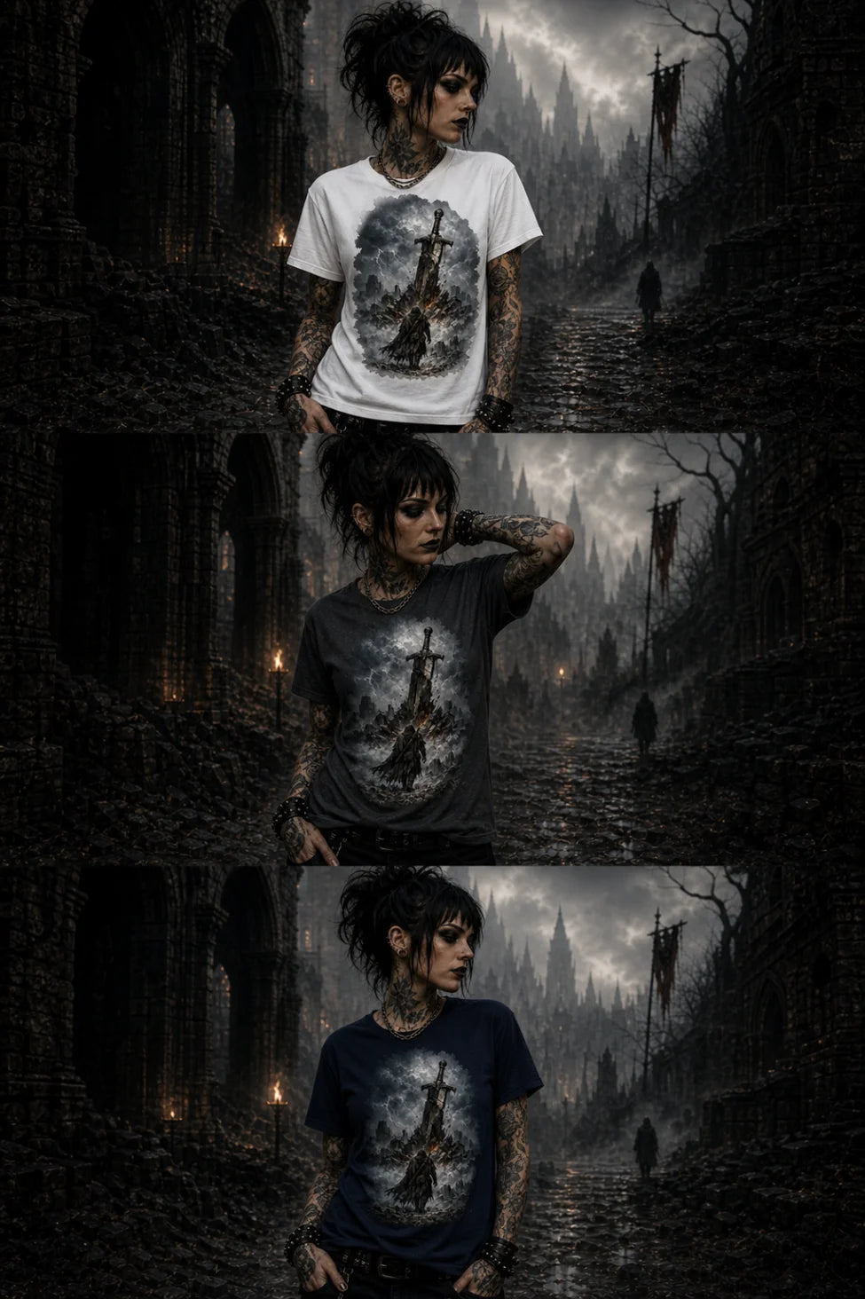 Tattooed model in gothic street wearing white, gray, and navy tees displaying a stormy sword graphic in a misty fantasy setting