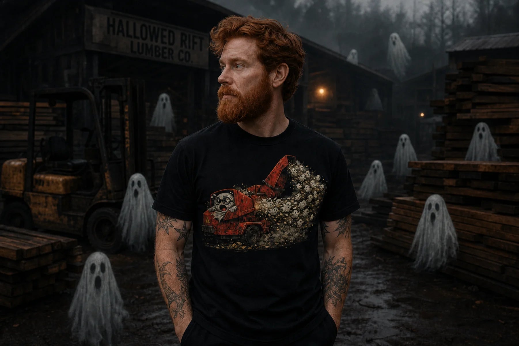 A man with red hair and a beard stands in a dark, foggy lumber yard wearing a black graphic t‑shirt featuring a red wood chipper dumping a pile of small white ghostly figures.