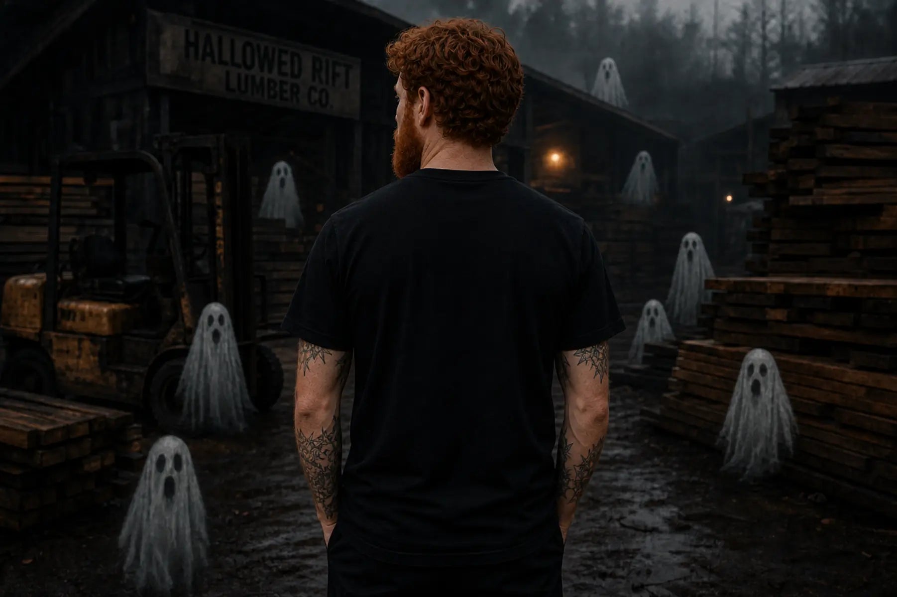 A man with curly red hair and a beard, viewed from behind, wearing a black t-shirt and standing in a dark, foggy lumber yard surrounded by floating white ghosts.