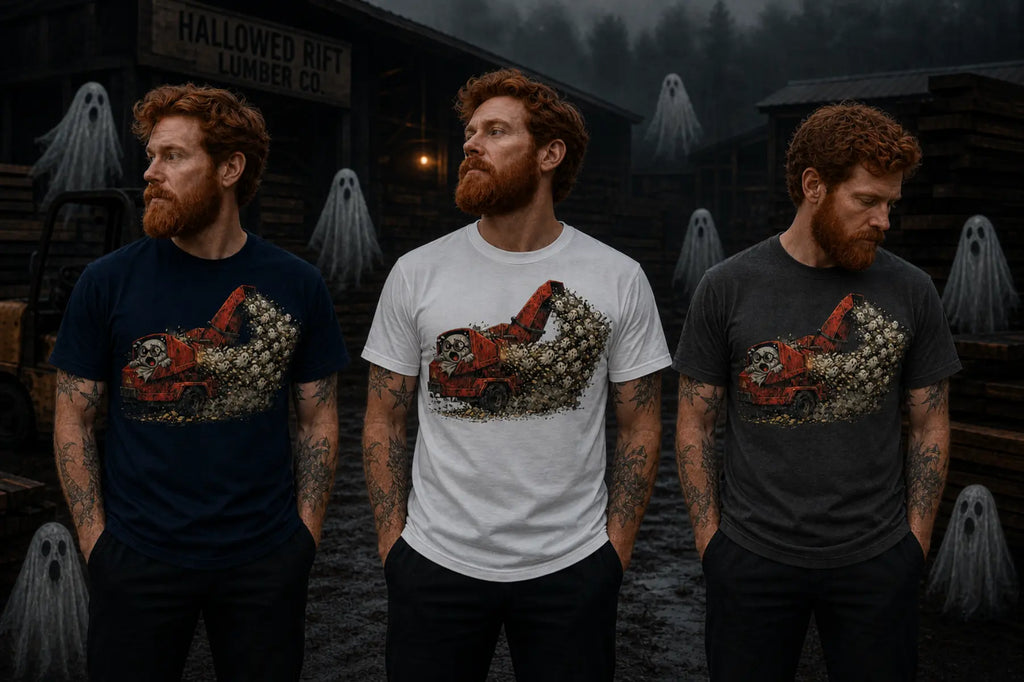 Same red‑bearded man shown in three images at night wearing navy, white, and gray T‑shirts with a red wood chipper dumping ghosts.
