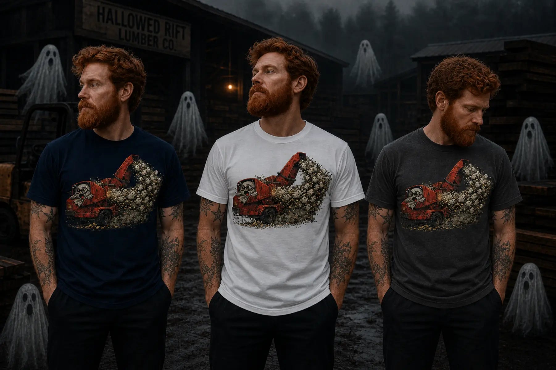 Same red‑bearded man shown in three images at night wearing navy, white, and gray T‑shirts with a red wood chipper dumping ghosts.