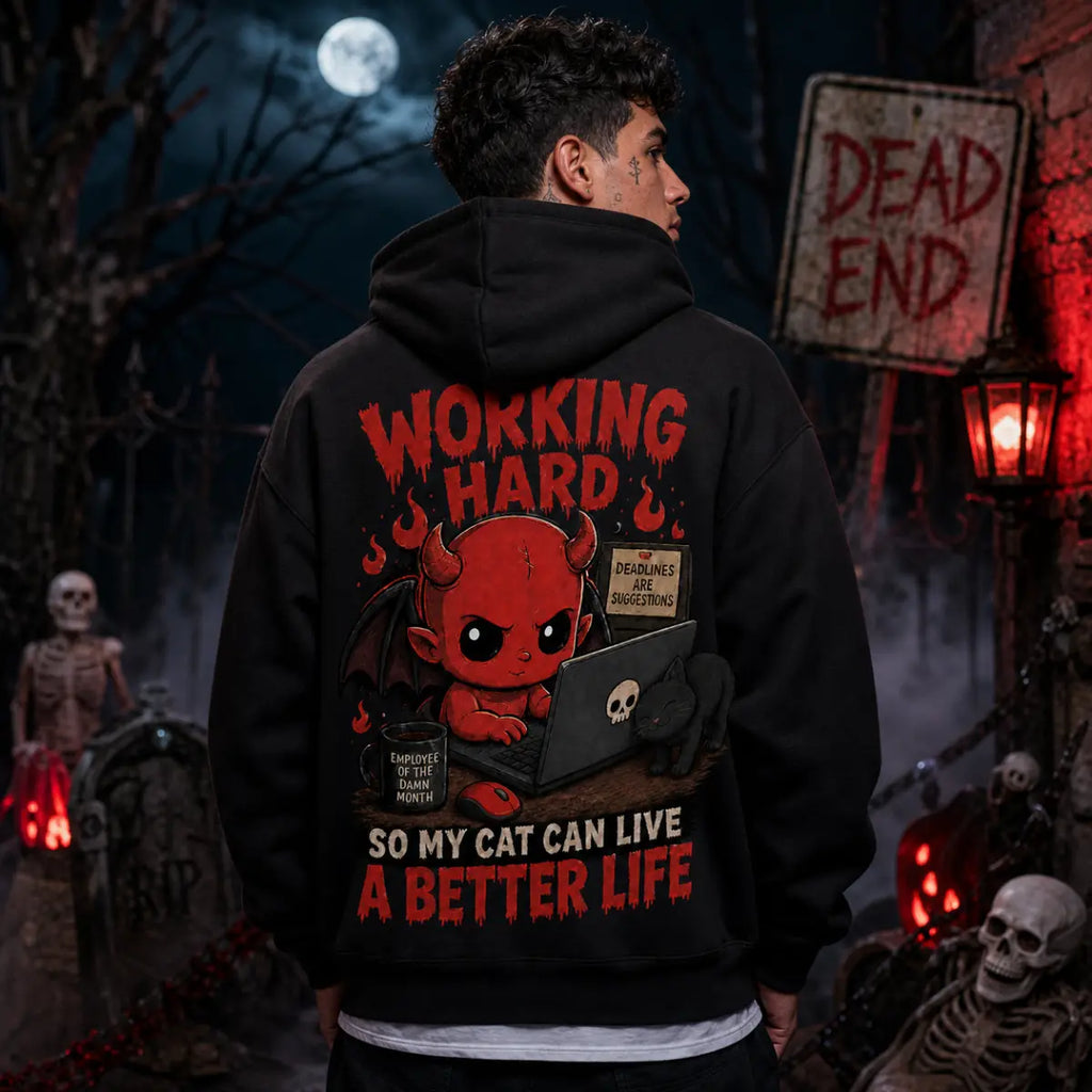 Person wearing a black RWI hoodie in a spooky graveyard scene with skeletons, fog, full moon, tombstones and a red lantern glow
