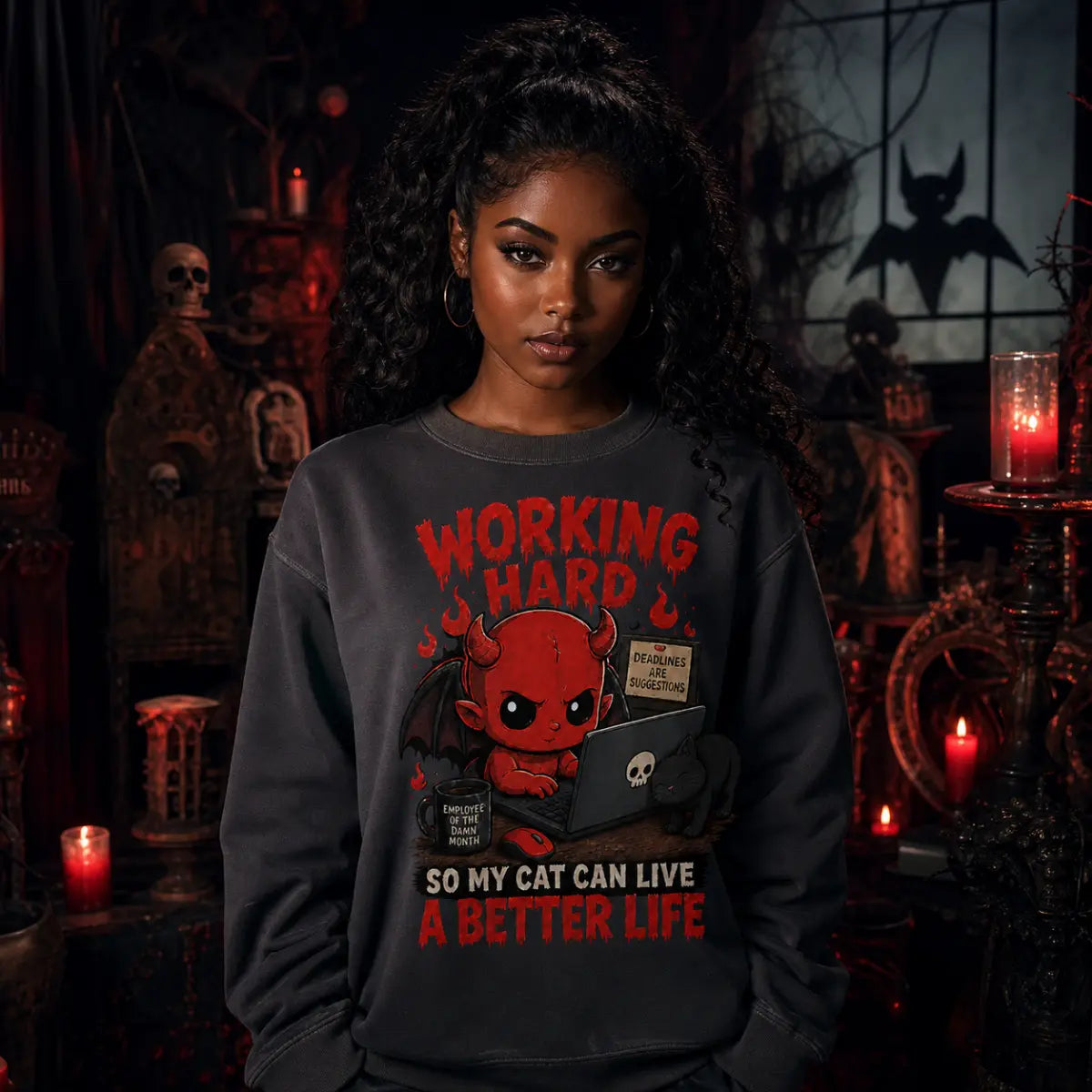 Person wearing a dark sweatshirt with a red devil cat‑lover design in a gothic room with skulls, candles, ornate furniture and red light