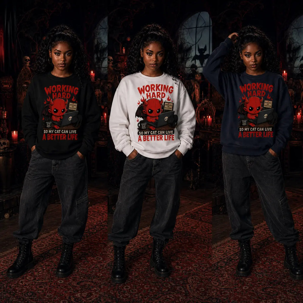 Three people wearing cat‑lover devil sweatshirts in a gothic room with red candles, skull décor and dark ornate furniture