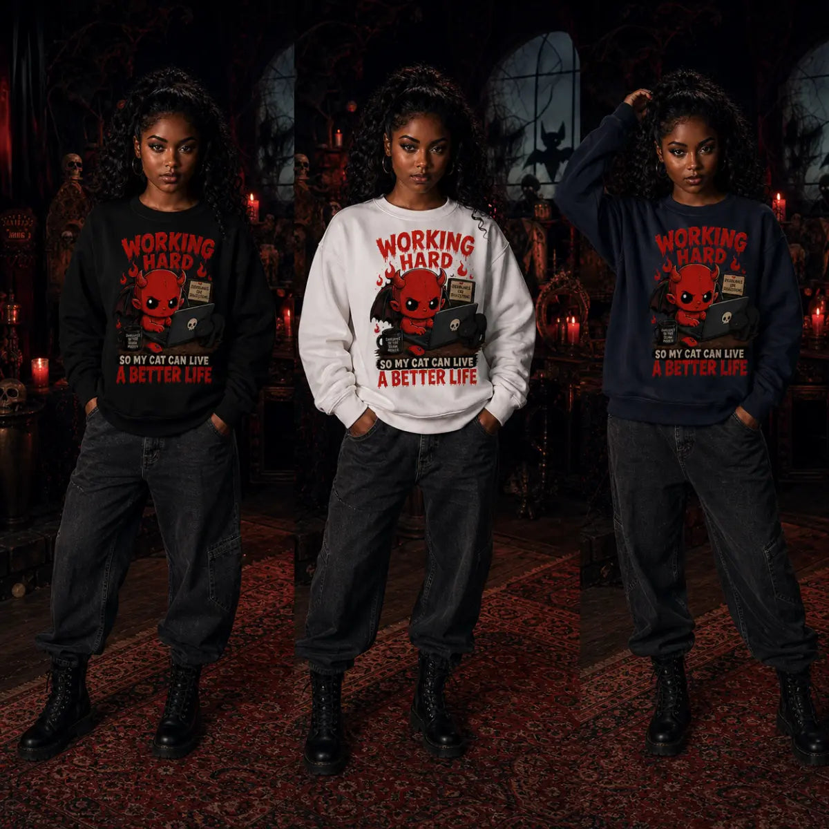 Three people wearing cat‑lover devil sweatshirts in a gothic room with red candles, skull décor and dark ornate furniture