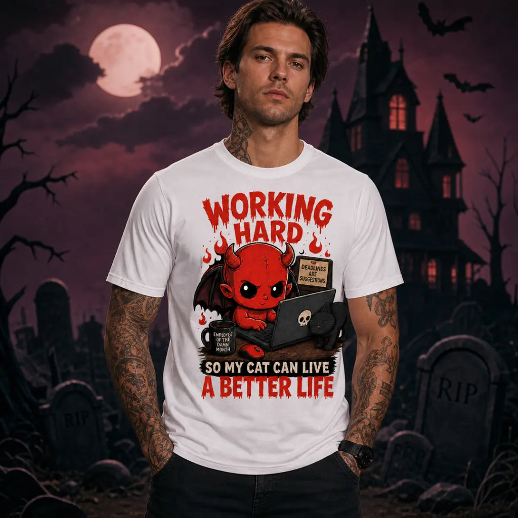 Person wearing a white T‑shirt with a cute red devil cat‑lover design in a spooky Halloween scene with moon, bats and gravestones