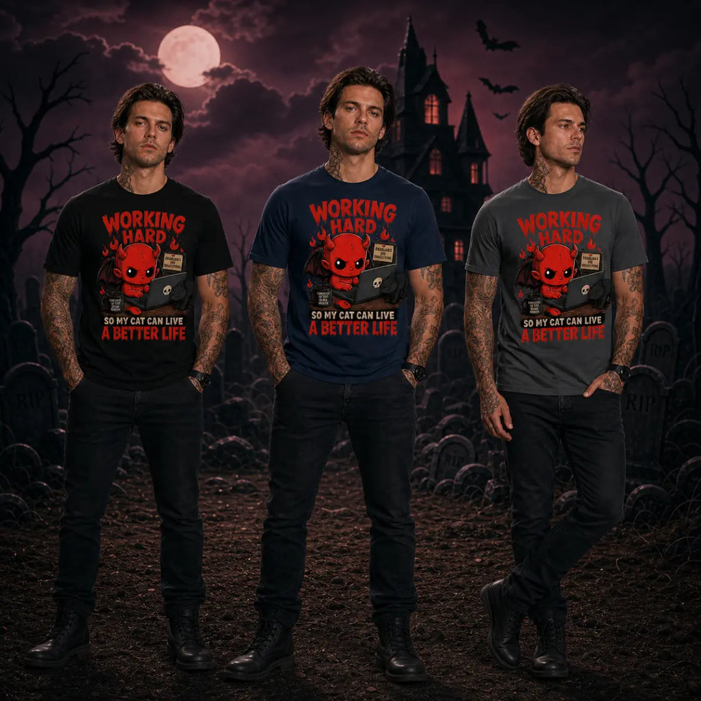 Three people wearing cat‑lover devil T‑shirts in a spooky Halloween scene with a haunted house, full moon, bats and gravestones