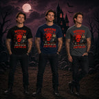 Three people wearing cat‑lover devil T‑shirts in a spooky Halloween scene with a haunted house, full moon, bats and gravestones