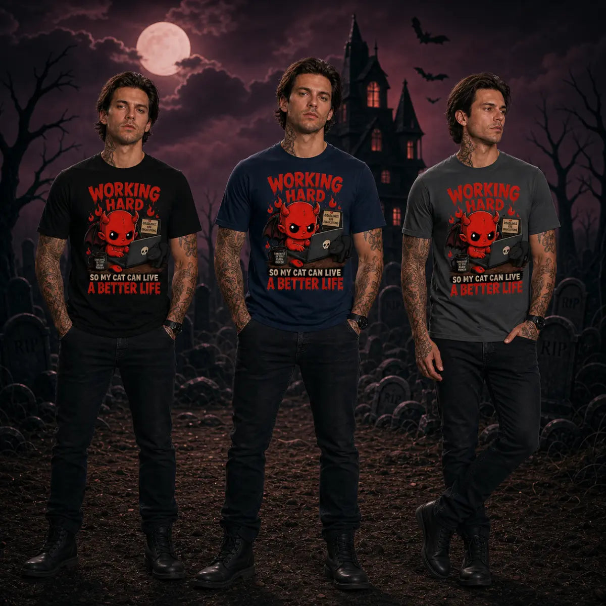 Three people wearing cat‑lover devil T‑shirts in a spooky Halloween scene with a haunted house, full moon, bats and gravestones