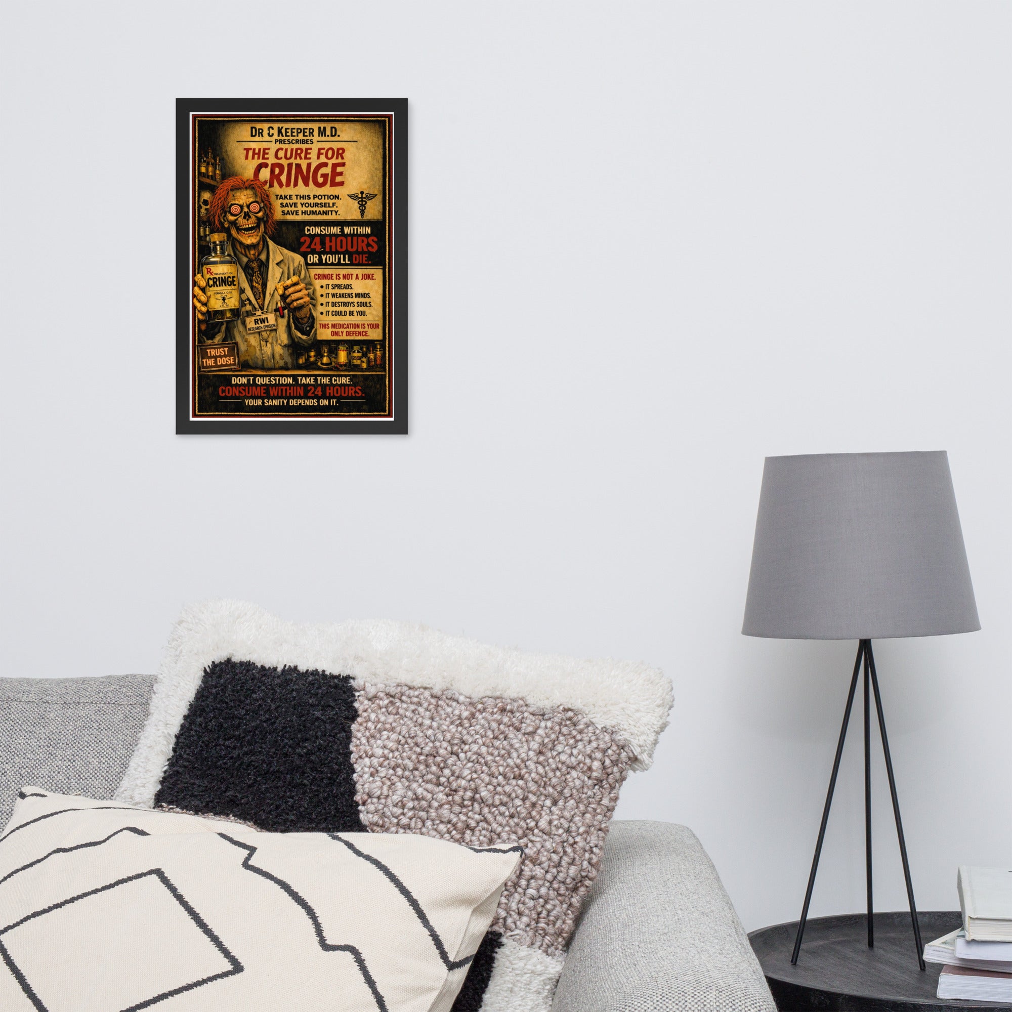 Dark fantasy poster showing Dr C Keeper holding a glowing remedy bottle surrounded by eerie symbols and moody supernatural atmosphere